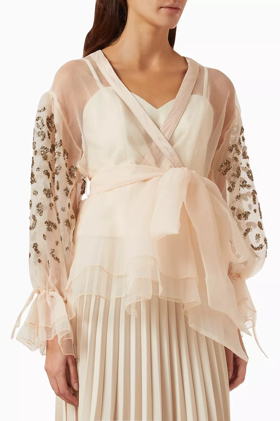 Glitter Sleeves Tie-up Shirt in Tulle