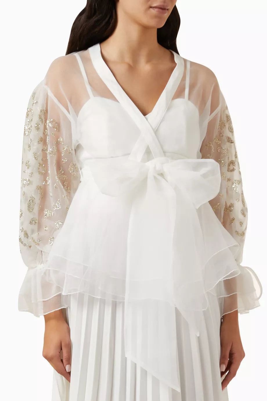 Glitter Sleeves Tie-up Shirt in Tulle