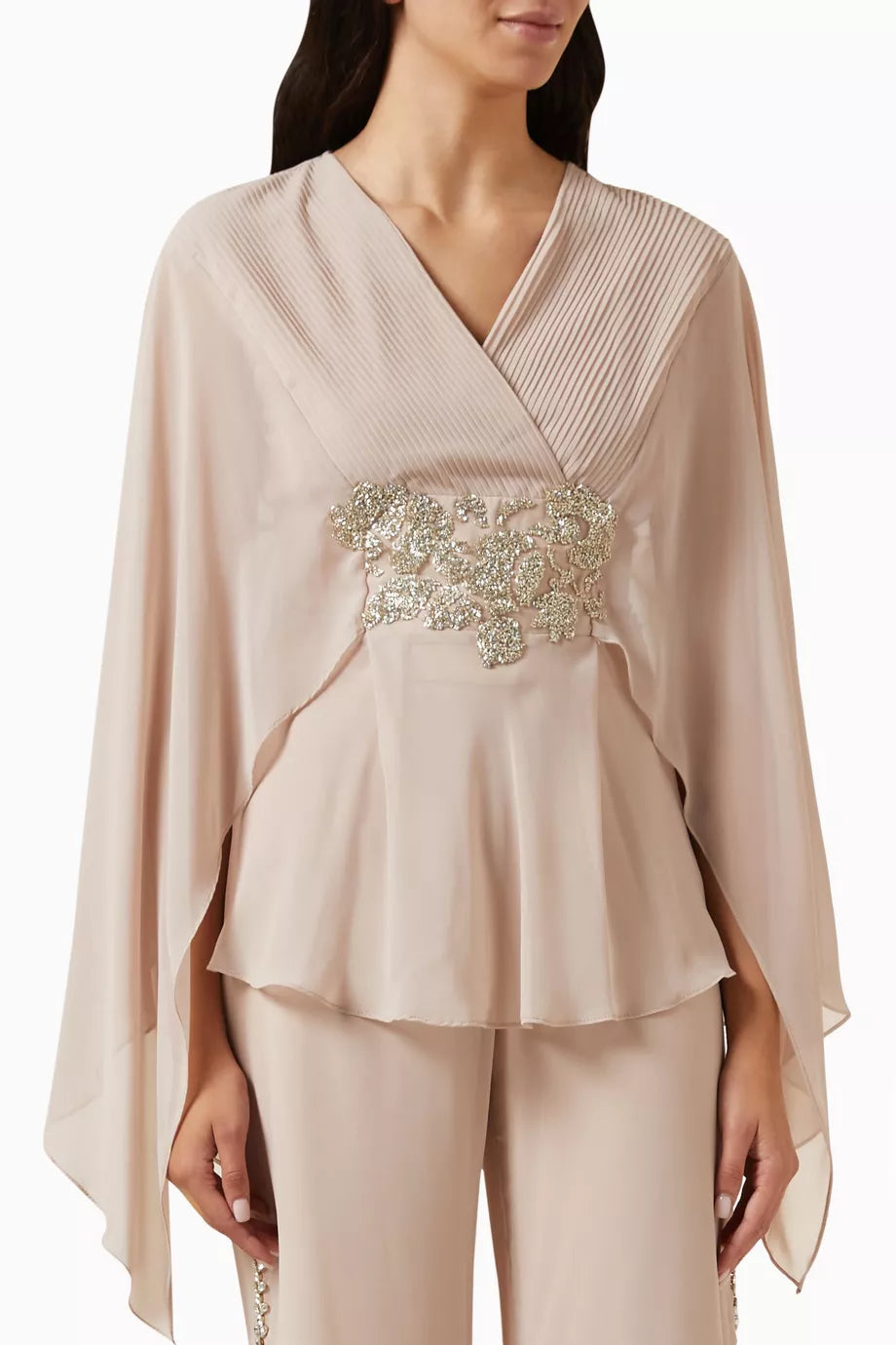 Embellished-belt Blouson Top in Crepe