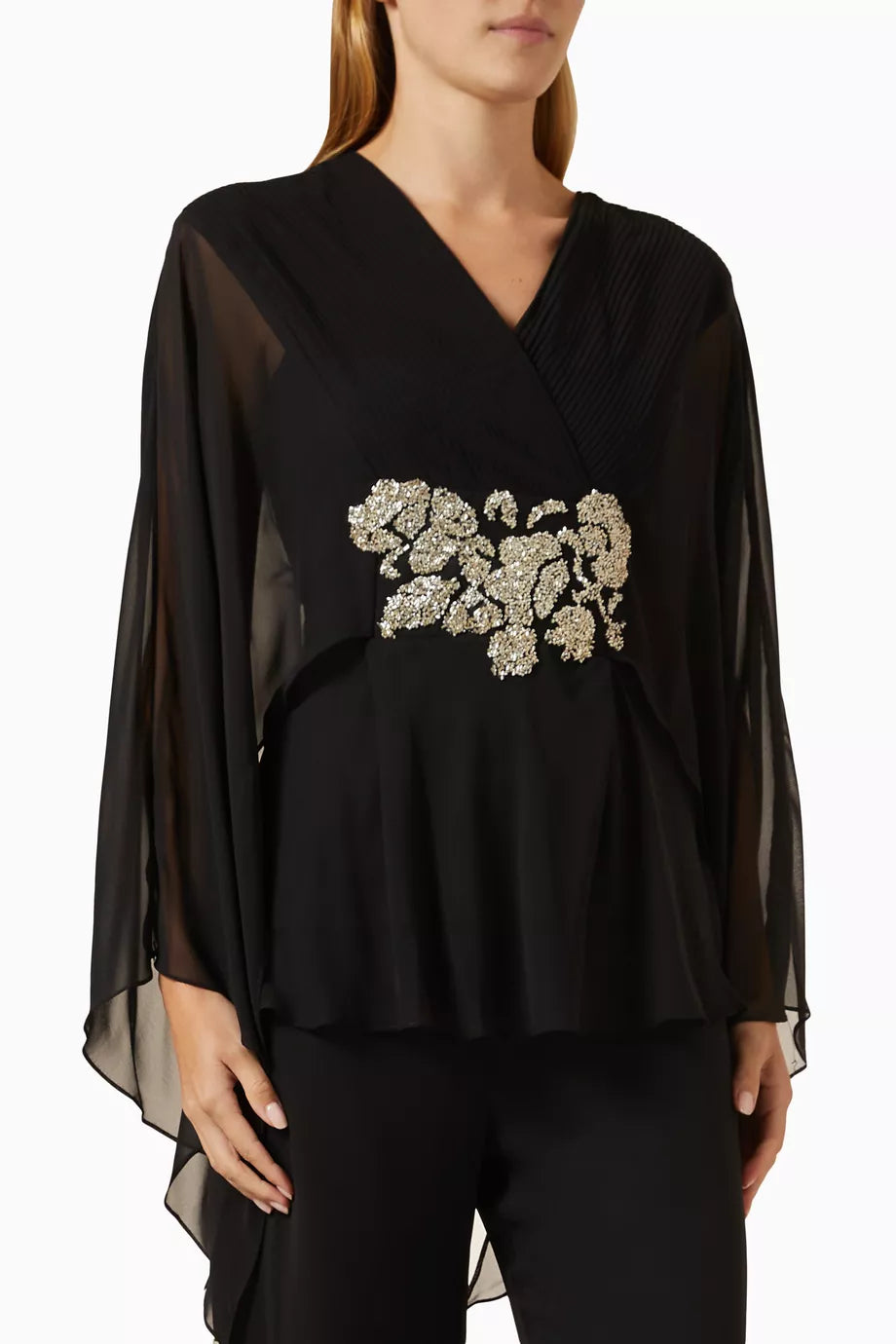 Embellished-belt Blouson Top in Crepe