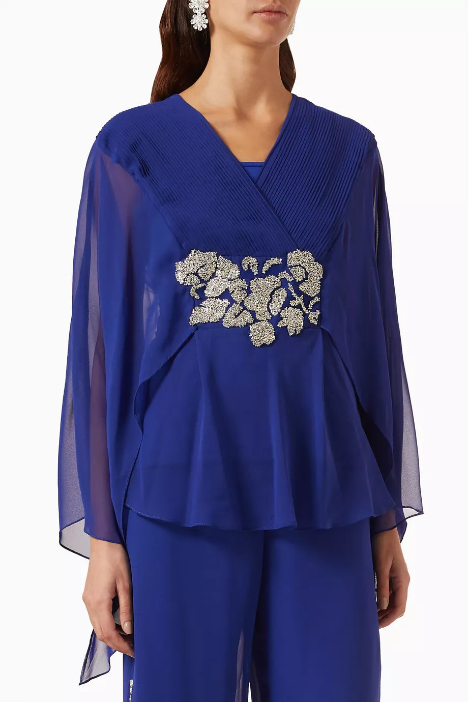 Embellished-belt Blouson Top in Crepe