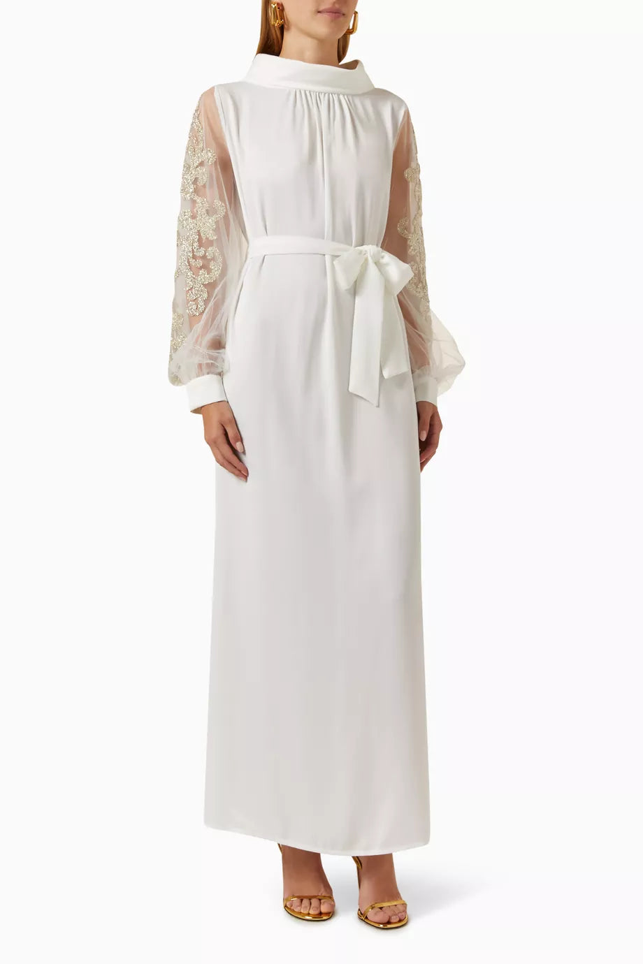 Embellished Tulle-sleeves Maxi Dress in Crepe