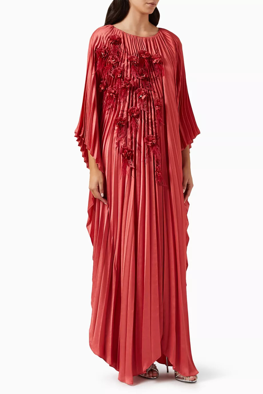 Feather-embellished Pleated Kaftan