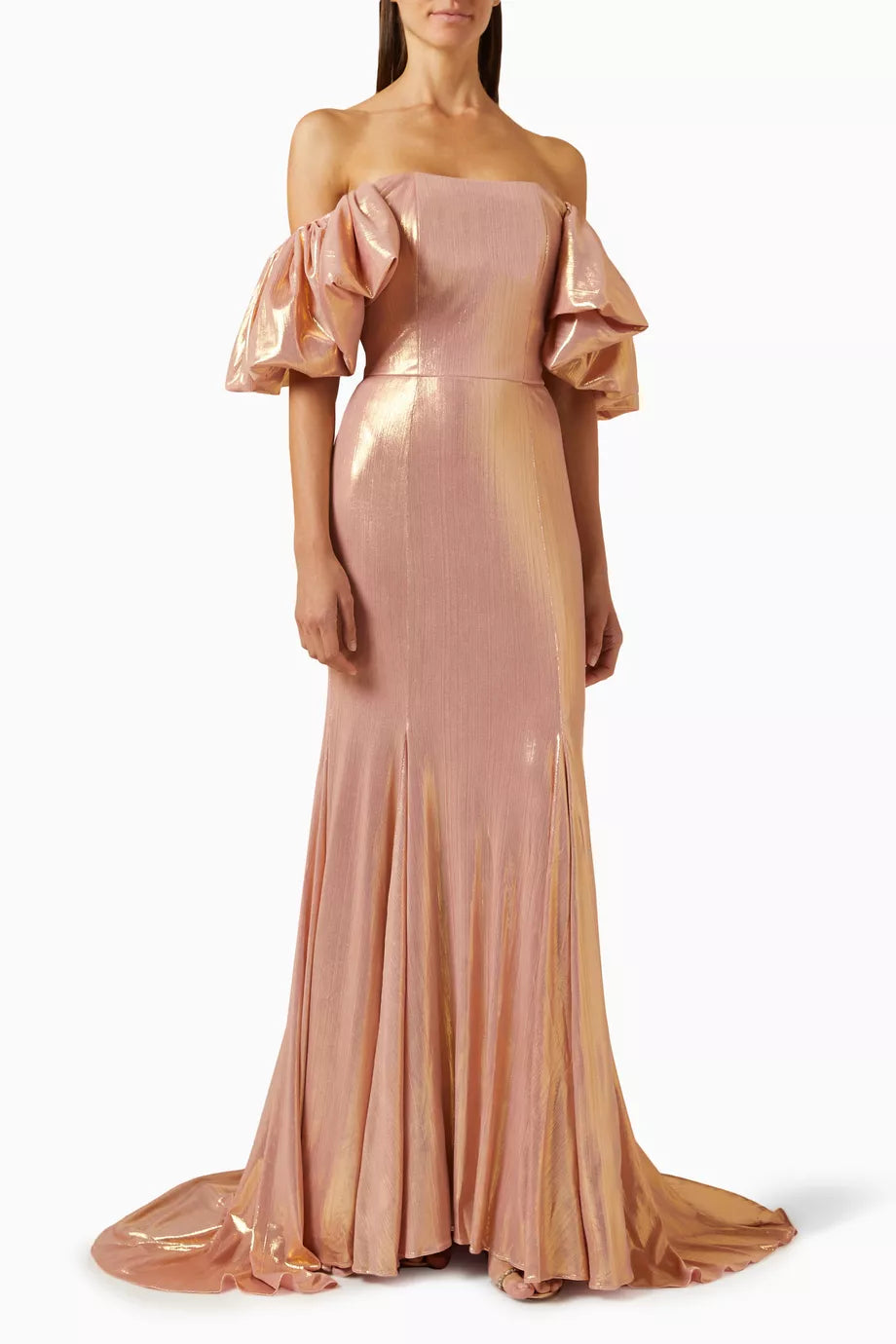 Draped Off-shoulder Mermaid Gown in Metallic-fabric