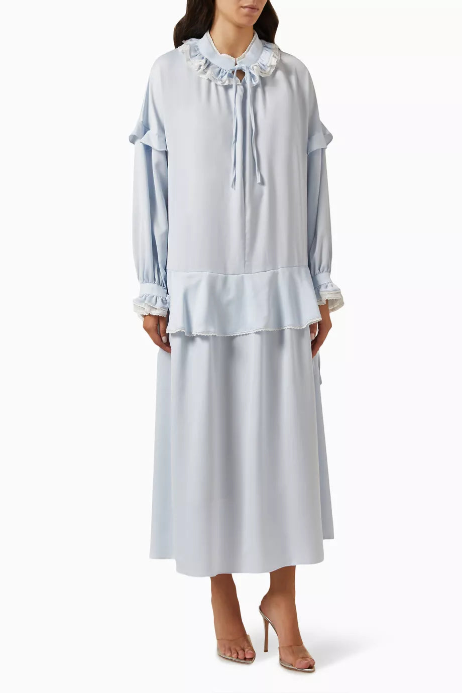 Lace Ruffle-trimmed Maxi Dress in Satin-crepe