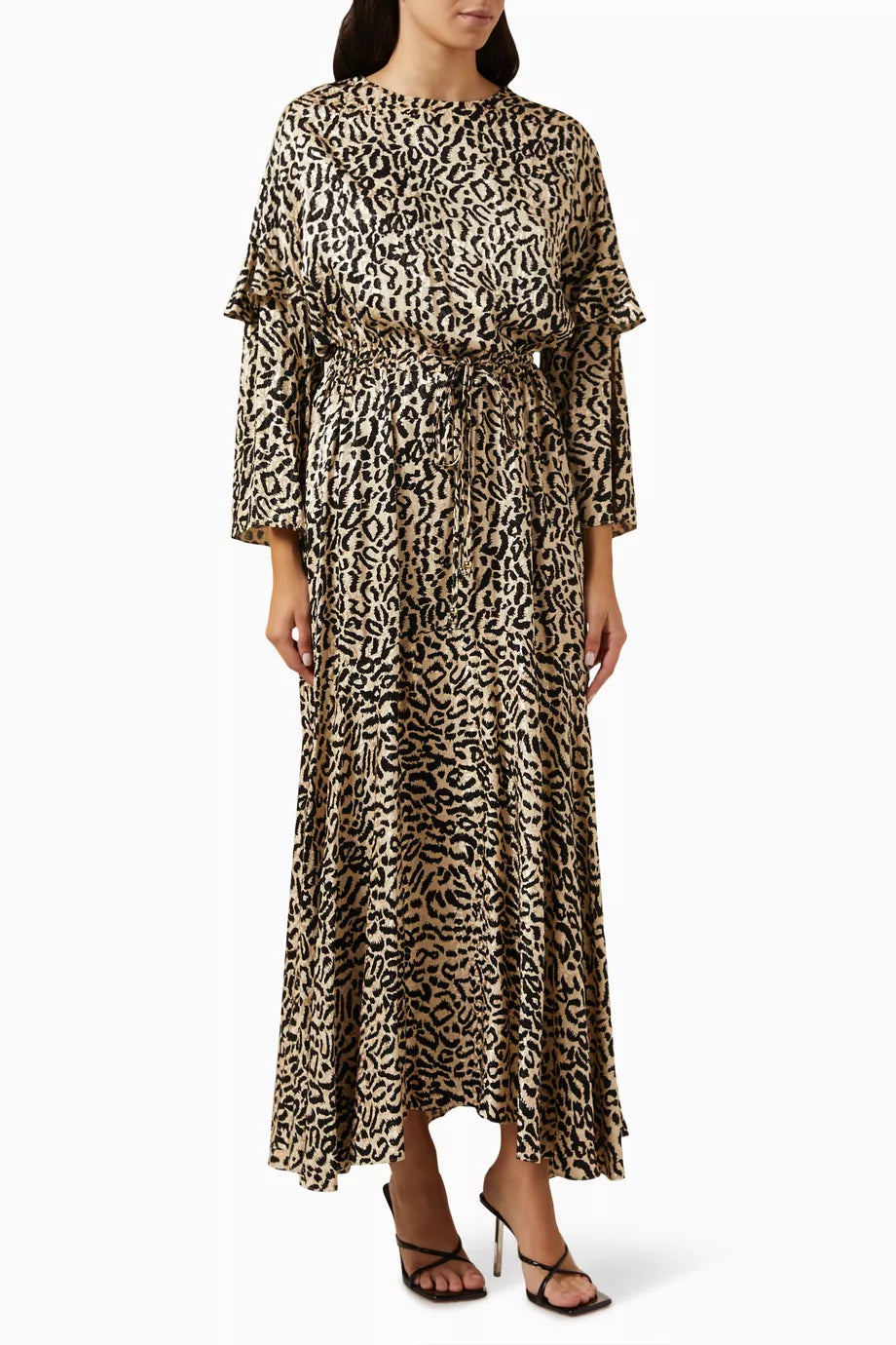 Leopard-print Drawstring Maxi Dress in Satin-jacquard