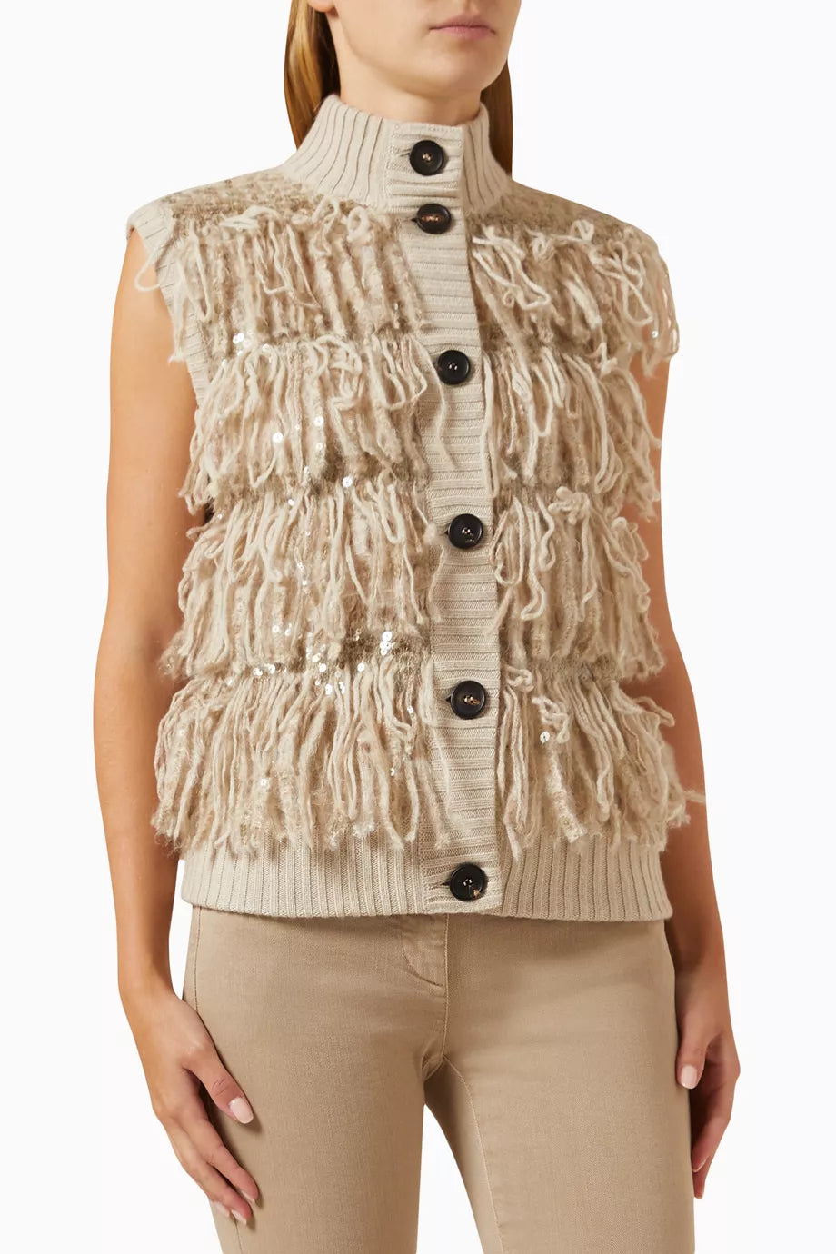 Fringes Sleeveless Cardigan in Knit
