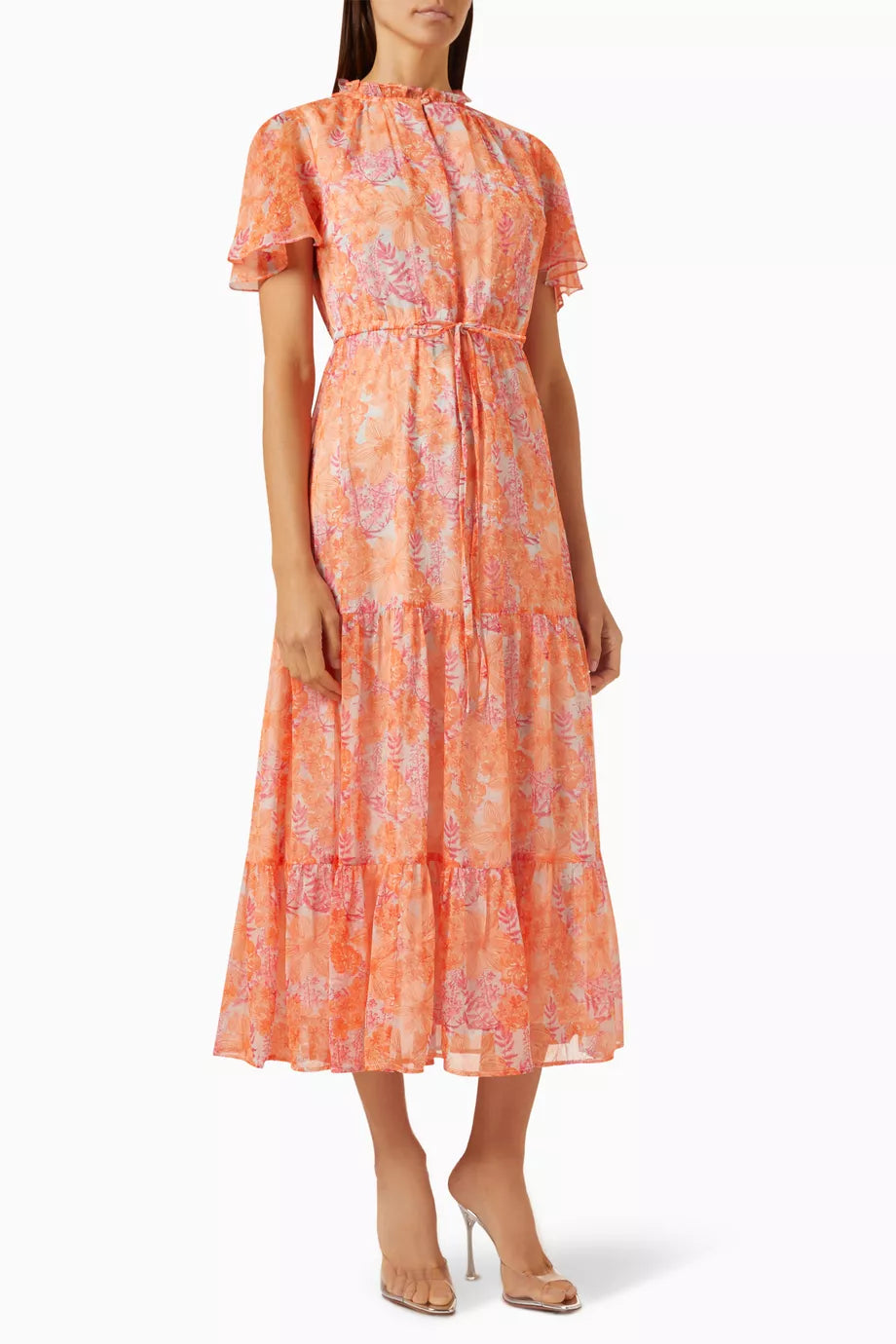 Floral-print Ruffled Neckline Maxi Dress in Chiffon