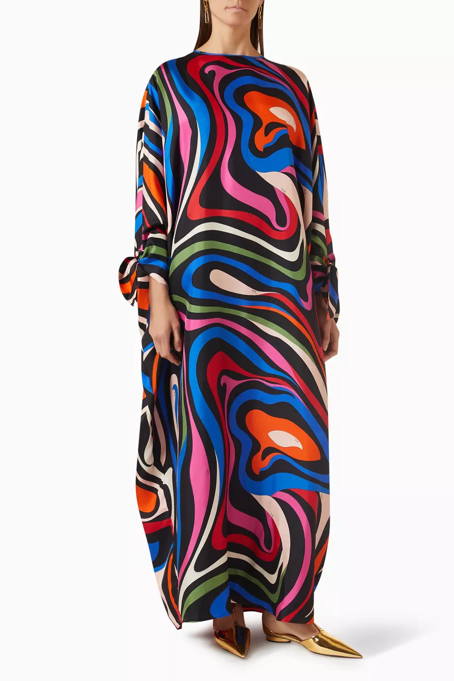 Marmo Print Maxi Kaftan Dress in Silk-Twill