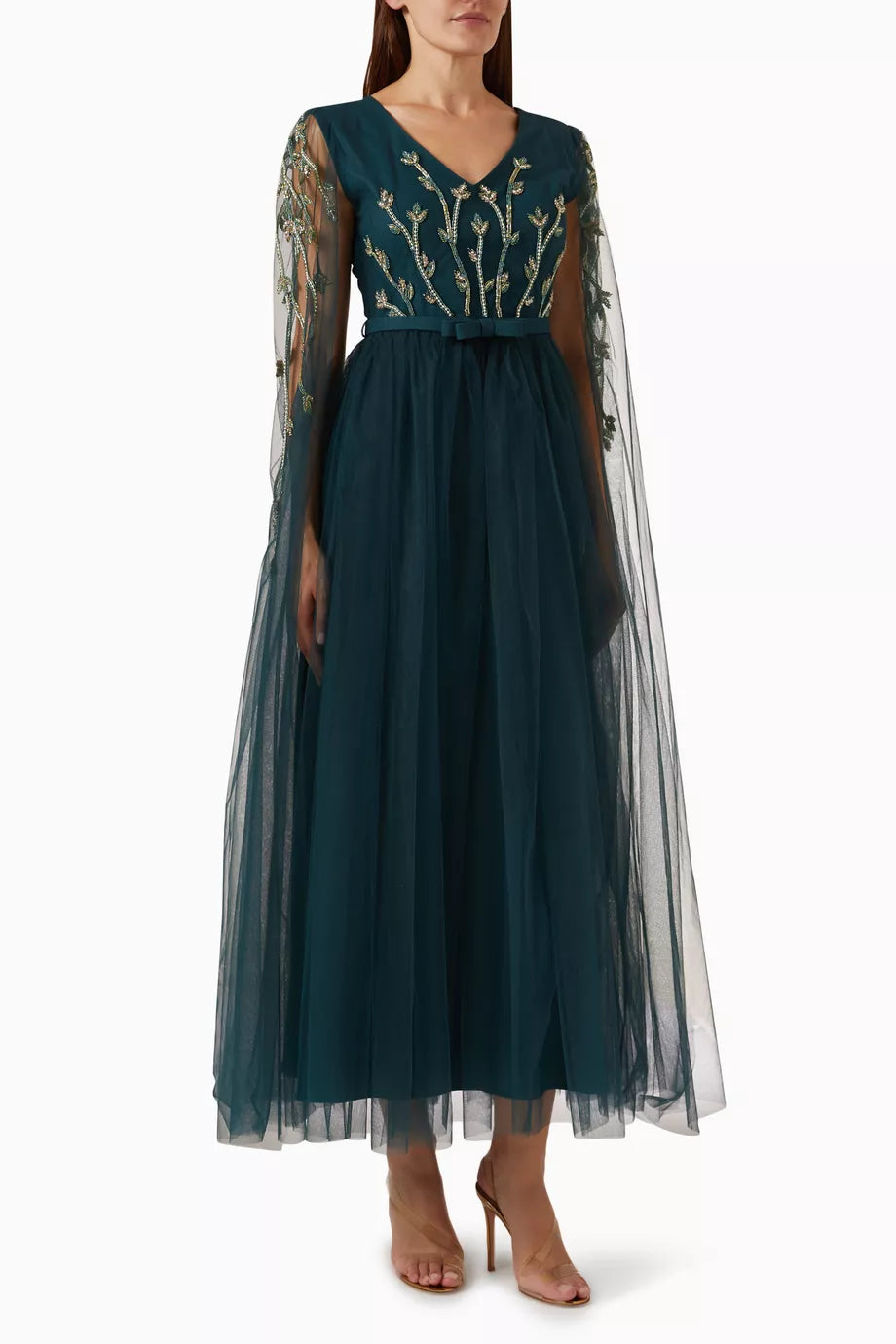 Bead-embellished Maxi Dress in Tulle & Crepe