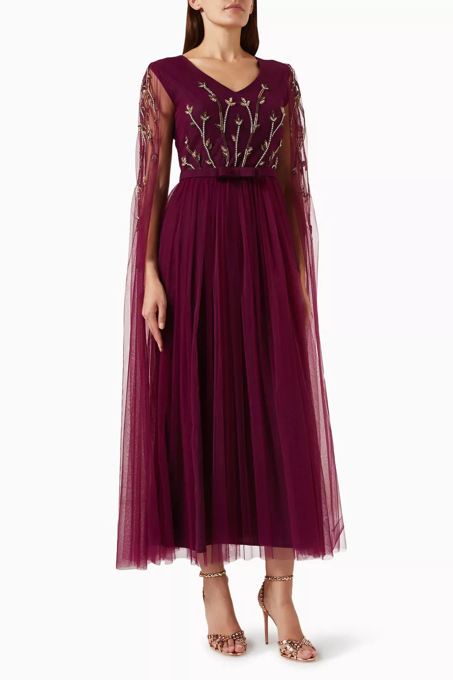 Bead-embellished Maxi Dress in Tulle & Crepe