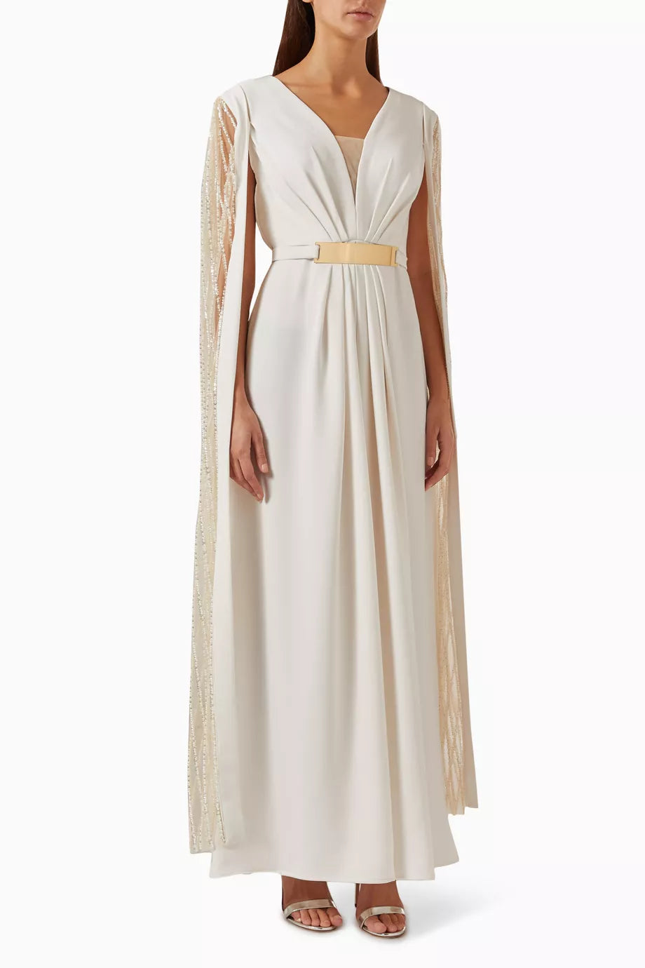 Beaded Elongated Sleeve Maxi Dress in Silk