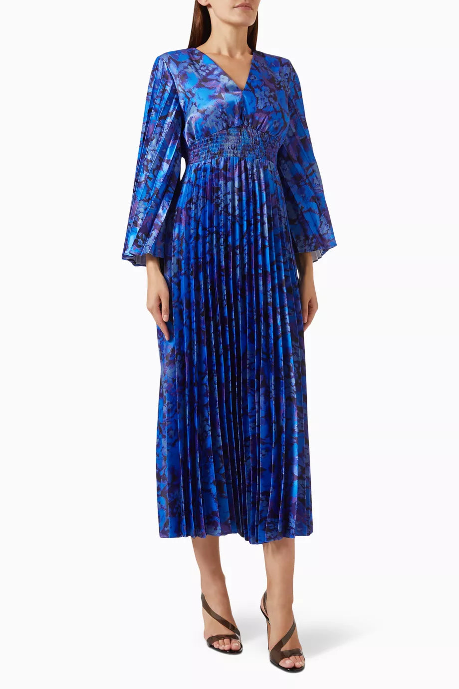 Floral-print Pleated Midi Dress in Satin