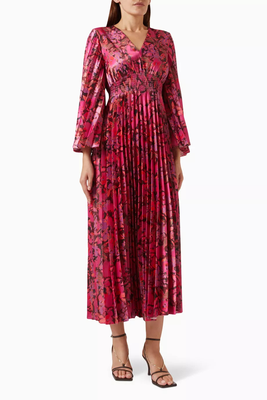 Floral-print Pleated Midi Dress in Satin