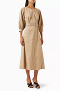 Belted Midi Dress in Stretch-cotton