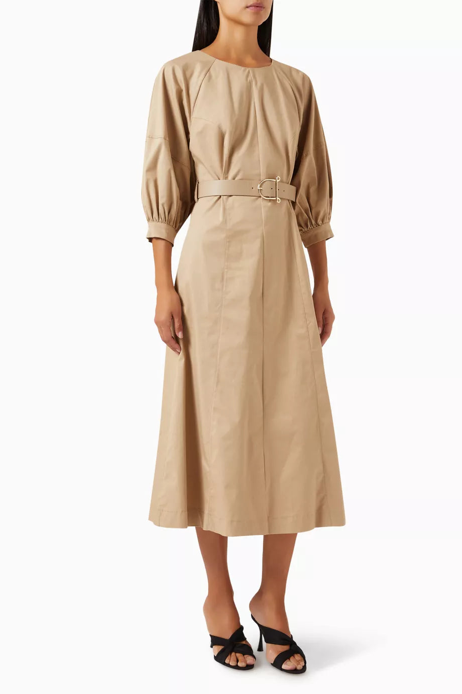 Belted Midi Dress in Stretch-cotton