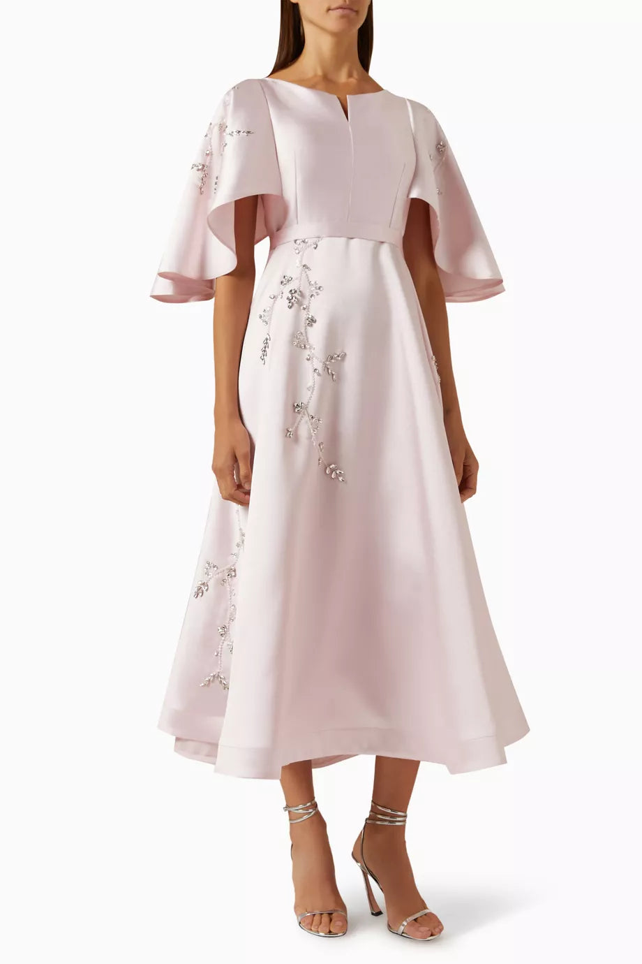 Embellished Cape-sleeve Dress in Brocade