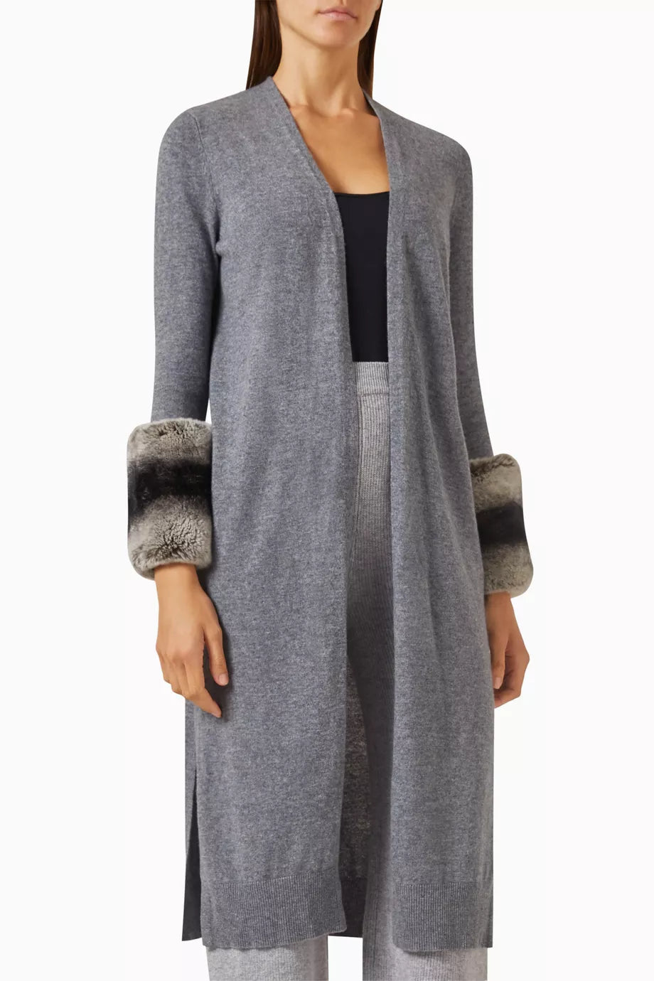 Fur-trimmed Long Cardigan in Merino Wool