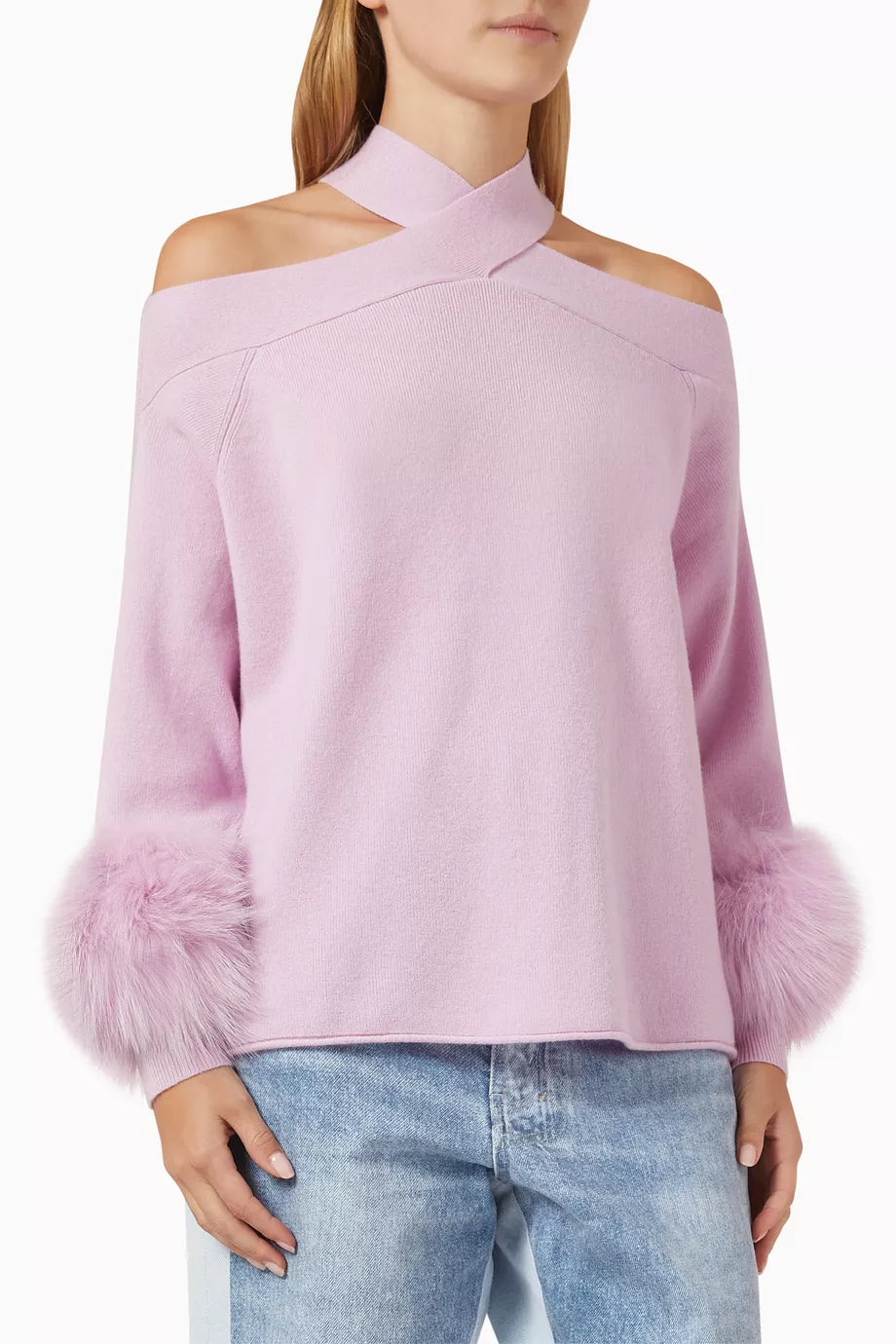 Fox-fur Cuff Halterneck Sweater in Wool-knit