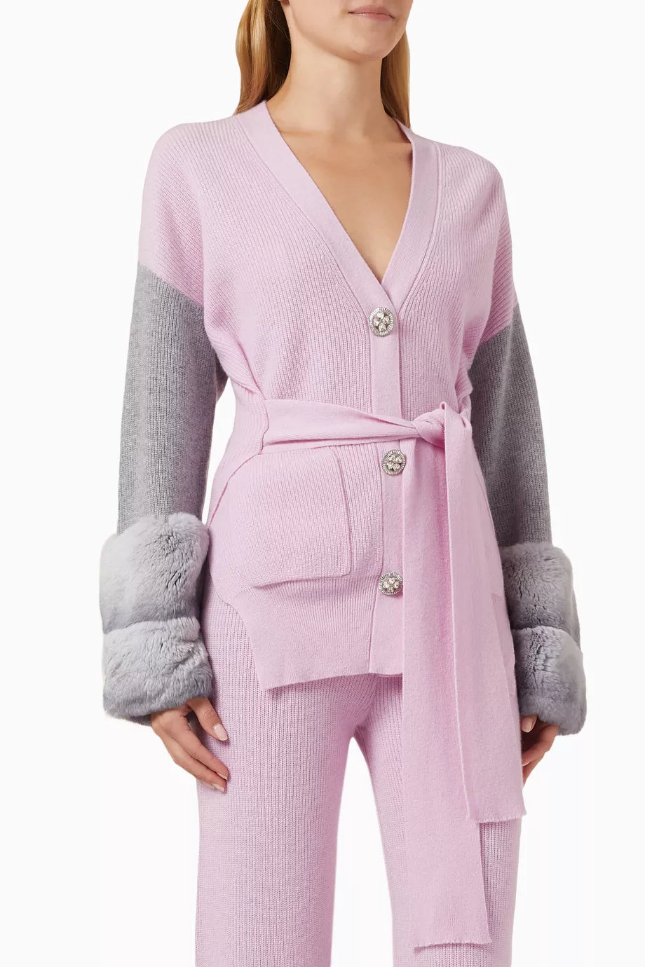 Fur-cuff Embellished Belted Cardigan in Wool-knit