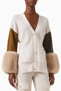 Colour-block Belted Cardigan with Faux-fur Cuffs in Wool-cashmere Knit