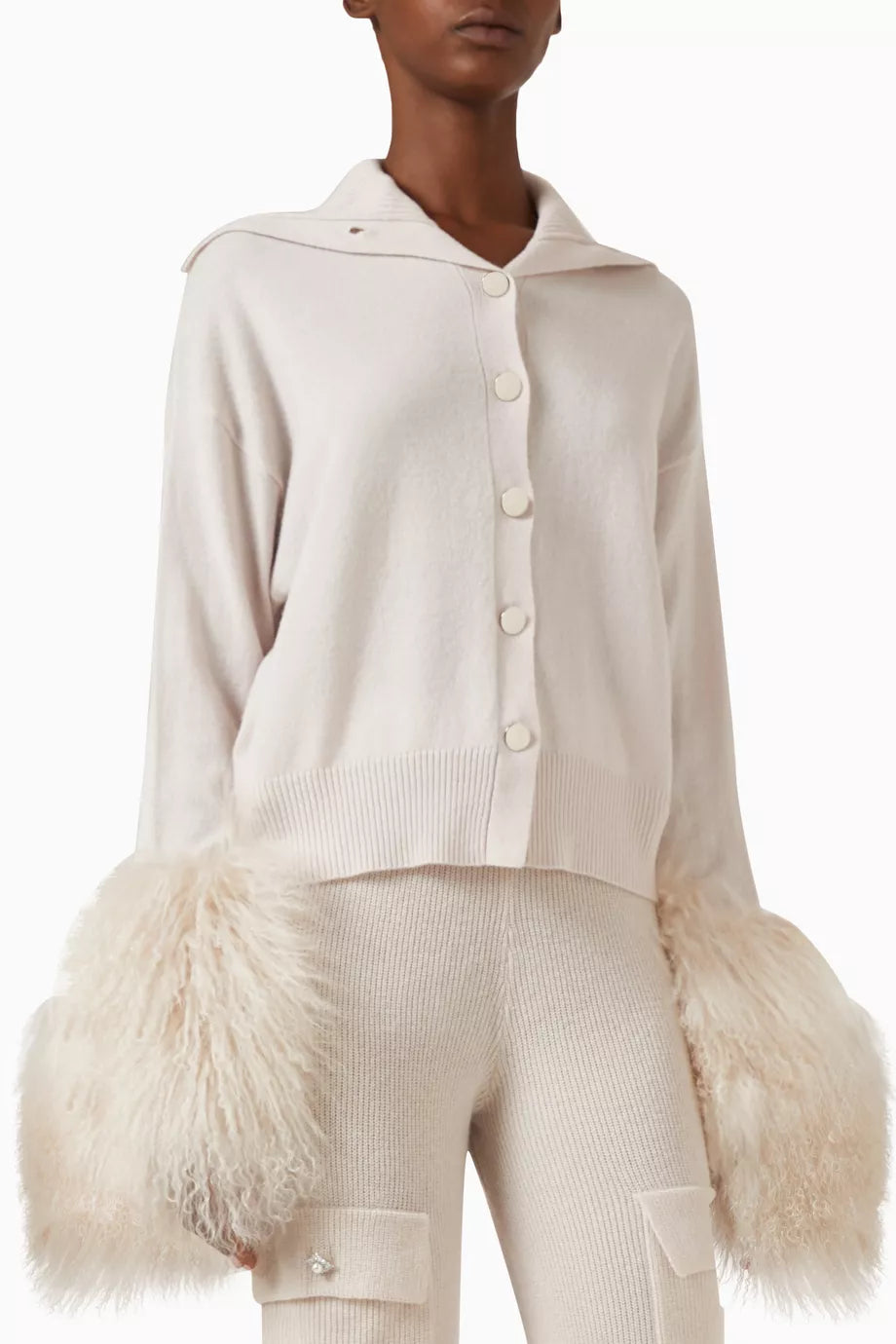 Button-down Cardigan with Shearling Cuffs in  Wool-cashmere Knit