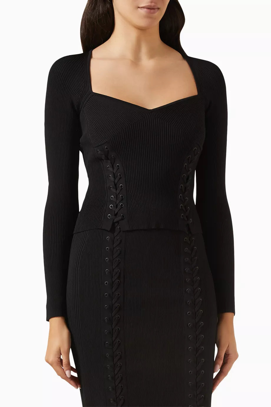 Daphane Lace-up Top in Ribbed Rayon-blend