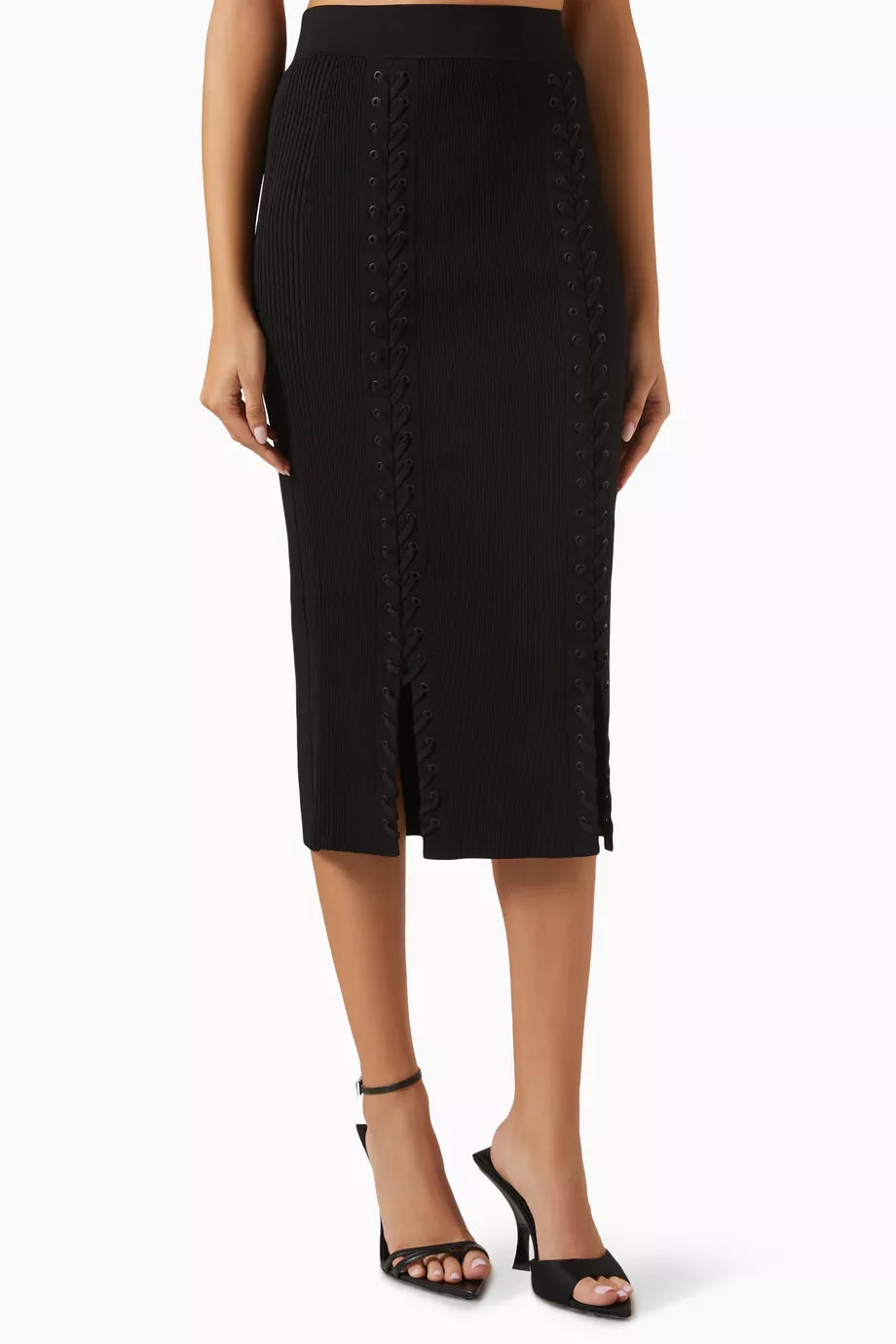 Helix Lace-up Midi Skirt in Ribbed Rayon-blend