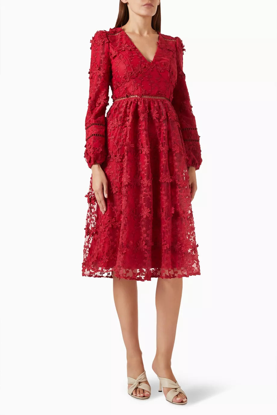 3D Floral Embroidered Midi Dress in Polyester