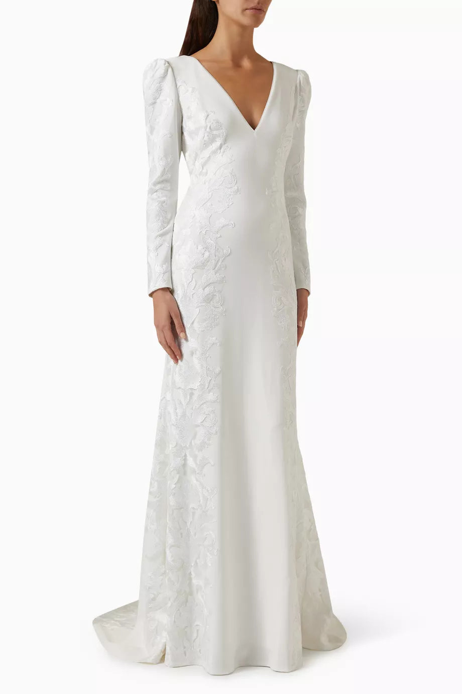 Irelina Puff Sleeve Embroidered Gown in Crepe