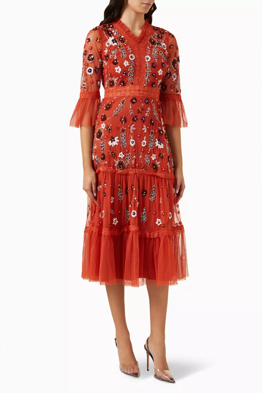 Floral Sequin Embellished Midi Dress