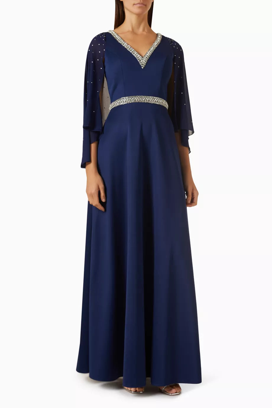 Crystal V-neck Cape-sleeve Gown