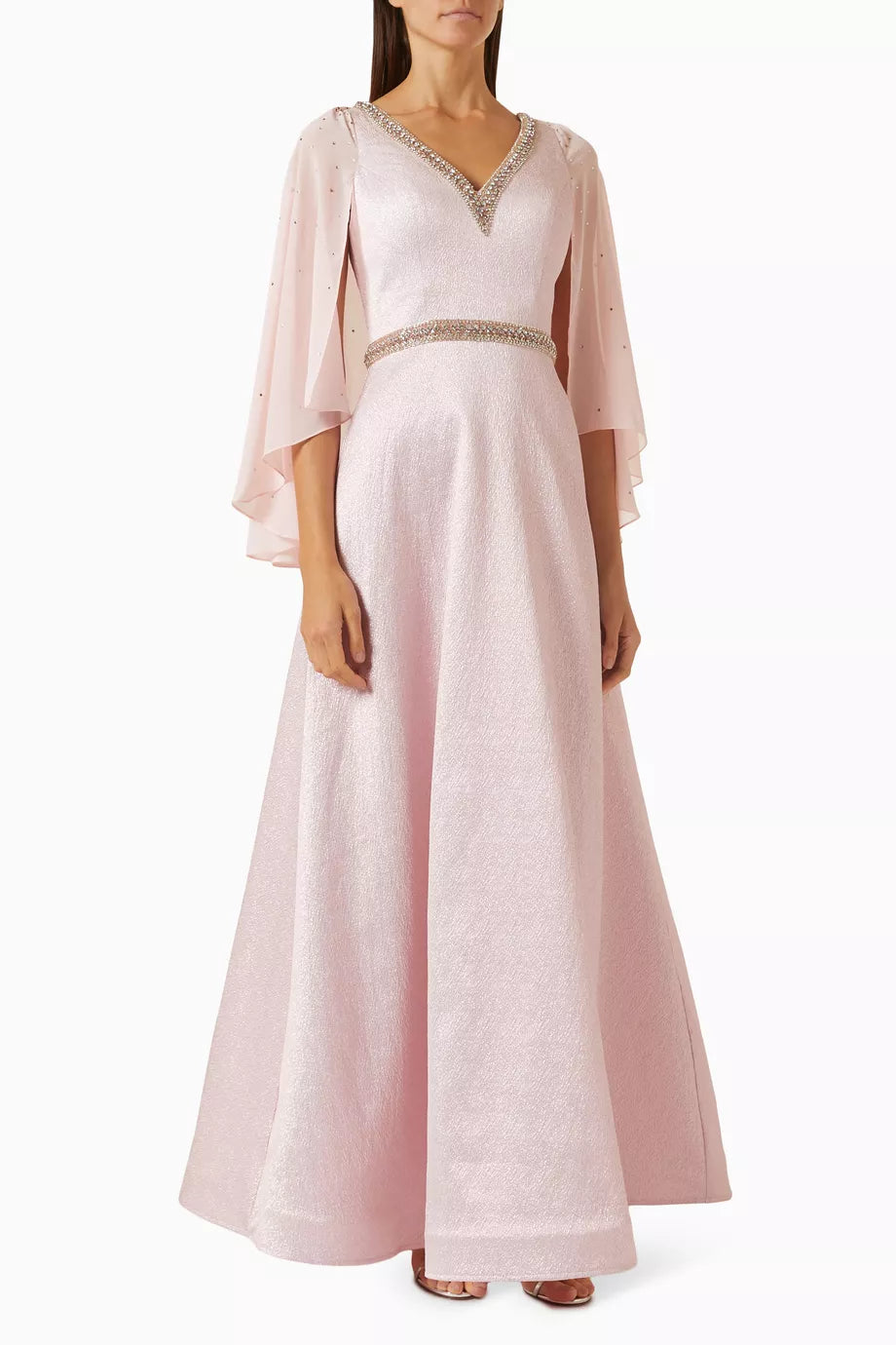 Crystal V-neck Cape-sleeve Gown