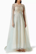 Embellished Cape-sleeve Gown in Tulle
