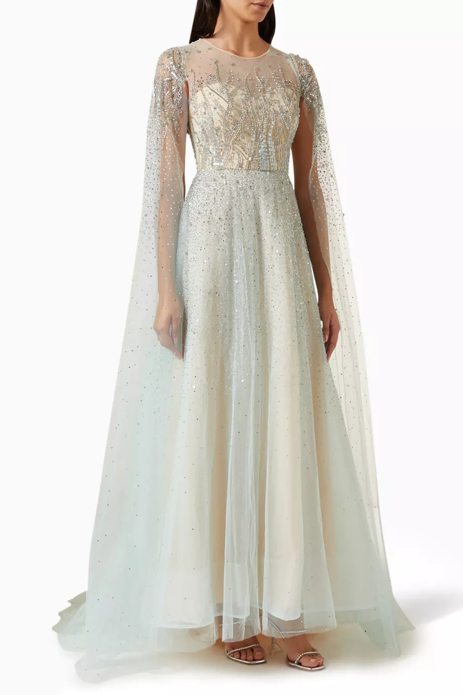 Embellished Cape-sleeve Gown in Tulle