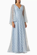 Crystal-embellished V-neck Cape-sleeve Gown