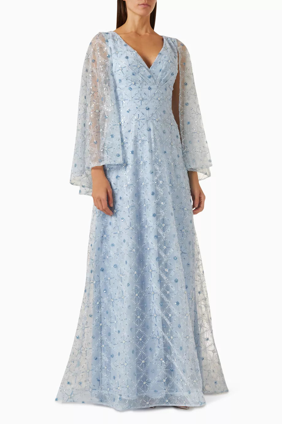 Crystal-embellished V-neck Cape-sleeve Gown