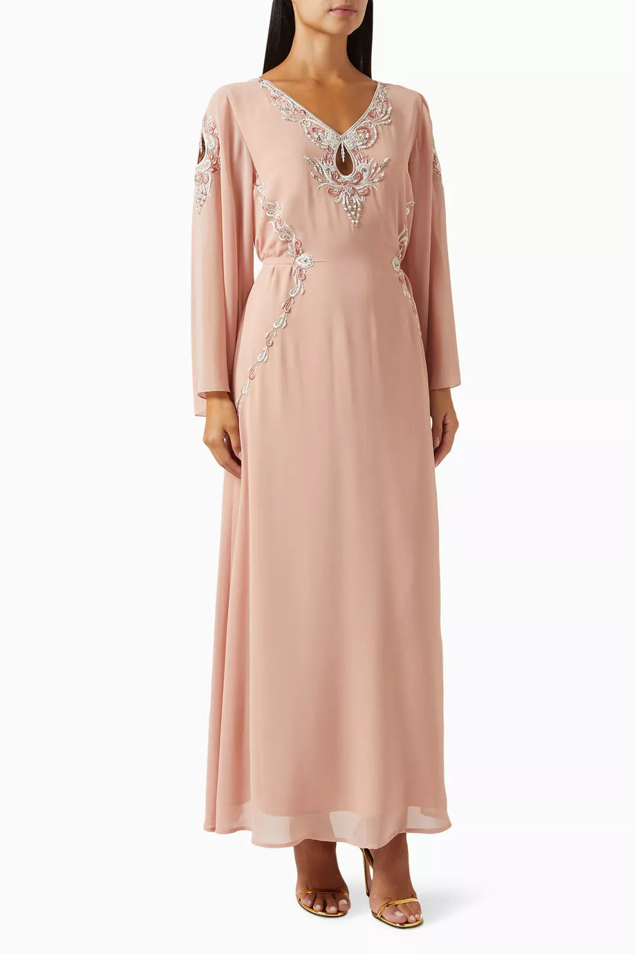 Embroidered V-neck Jalabiya in Chiffon