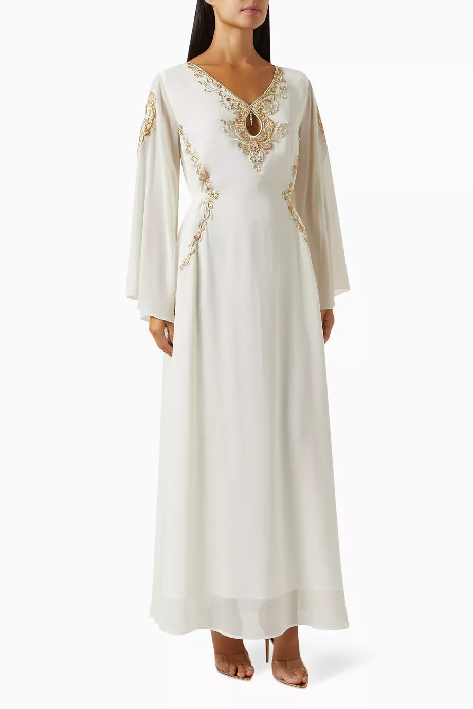Embroidered V-neck Jalabiya in Chiffon