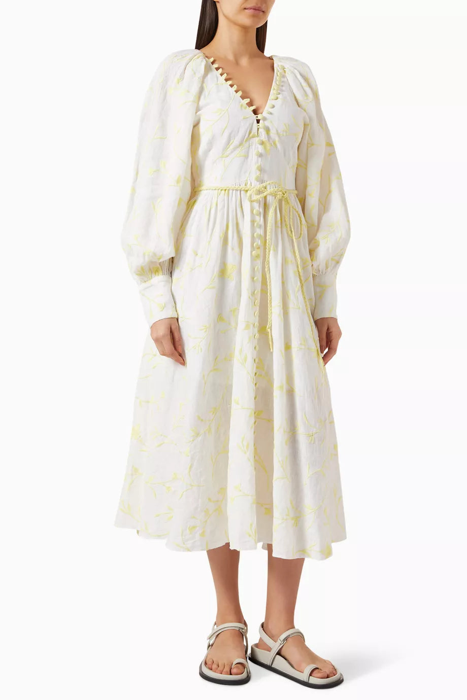 Enola Embroidery Midi Dress in Linen