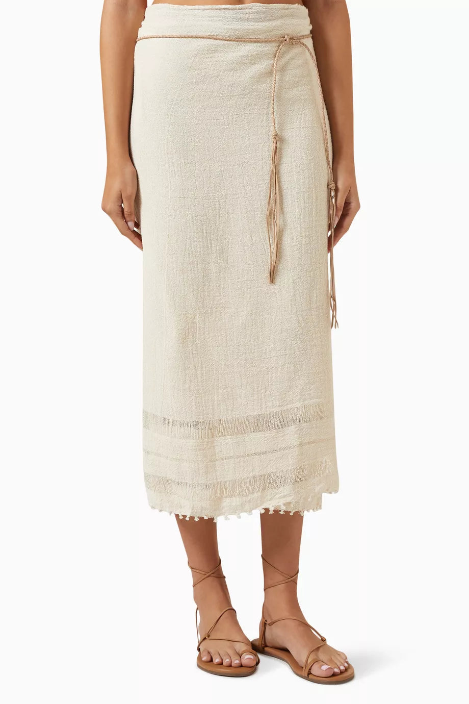Pareo Belted Midi Skirt in Cotton-gauze
