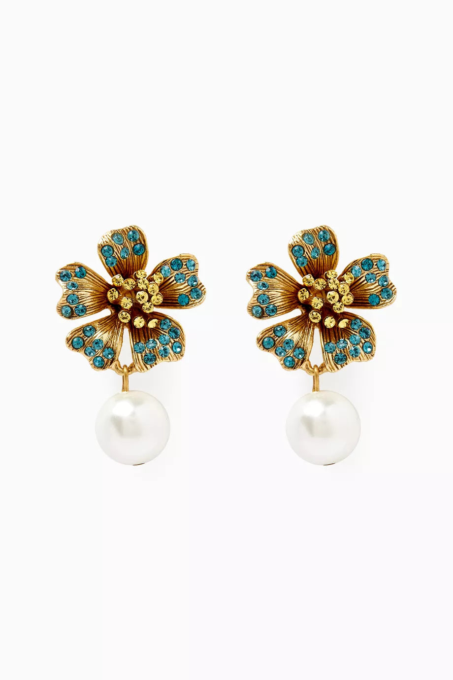 Dotted Petal Pearl Drop Earrings in Metal