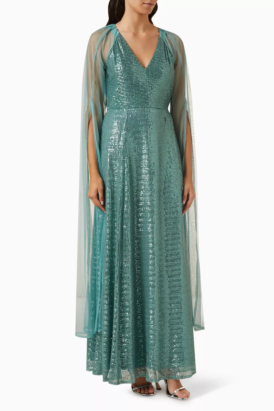 Cape-sleeve Maxi Dress in Sequin