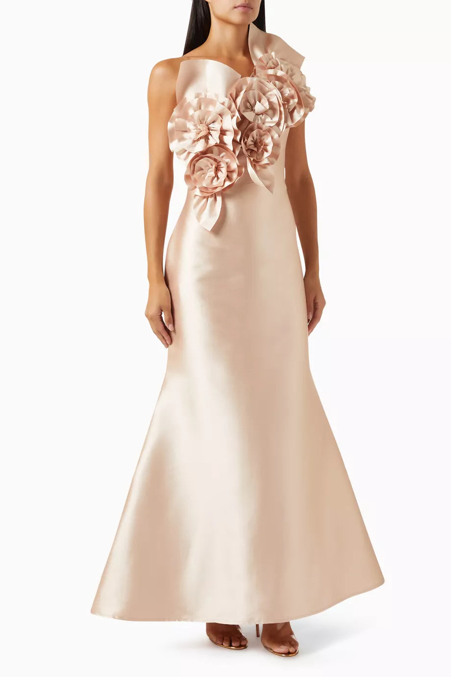 3D Floral Applique Maxi Dress in Satin