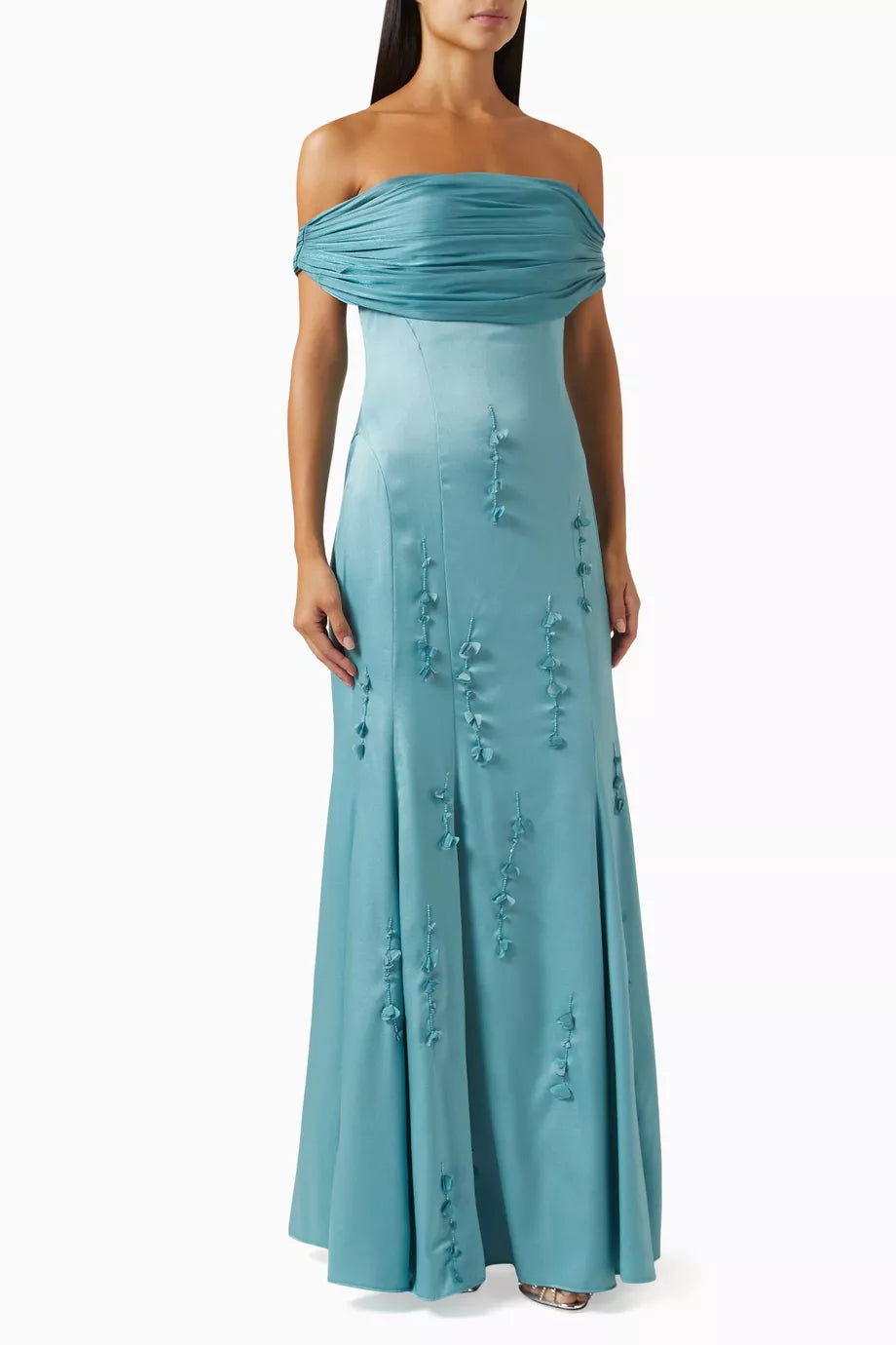 Draped Off-shoulder Maxi Dress in Satin