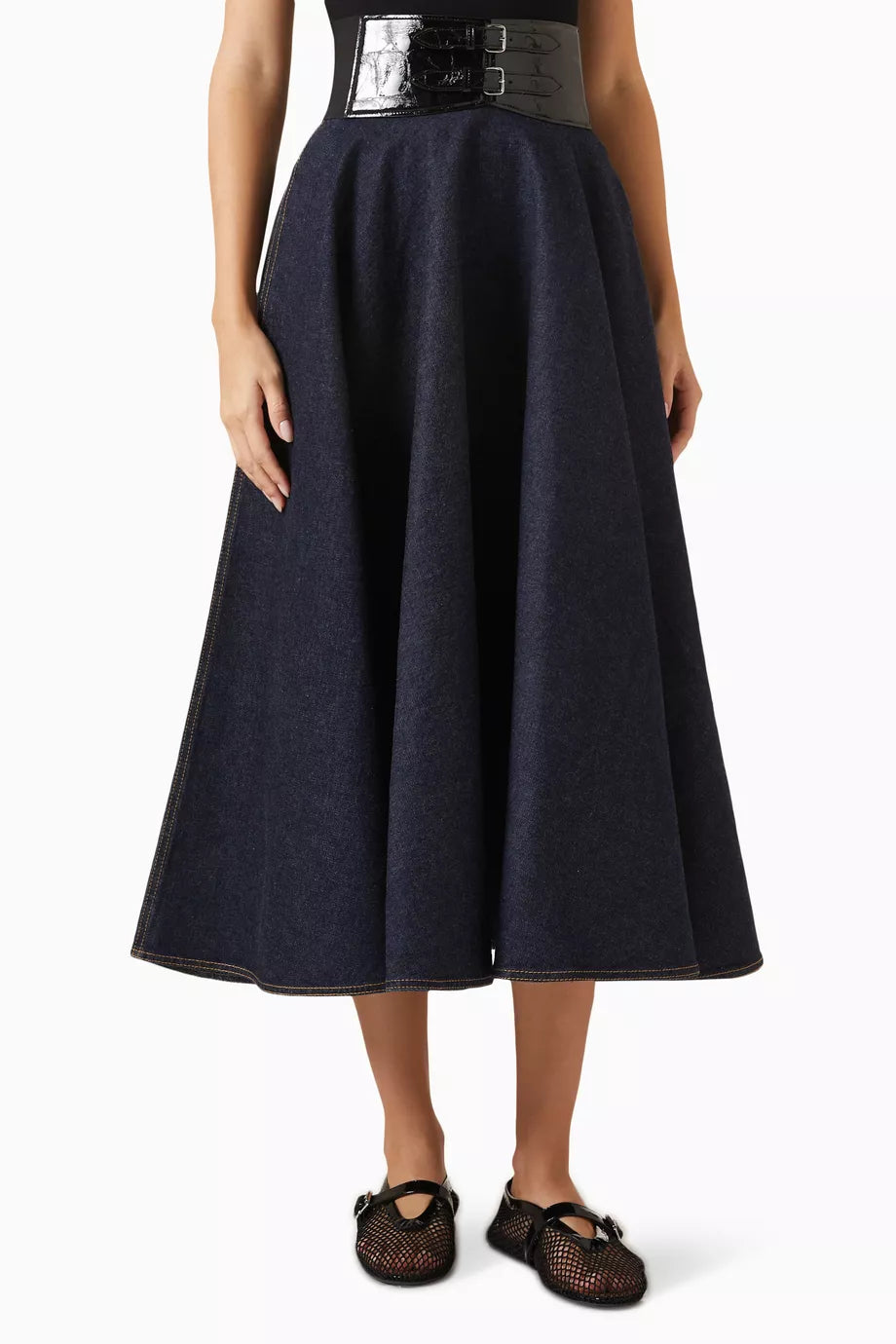 High-waisted Belted Midi Skirt in Denim