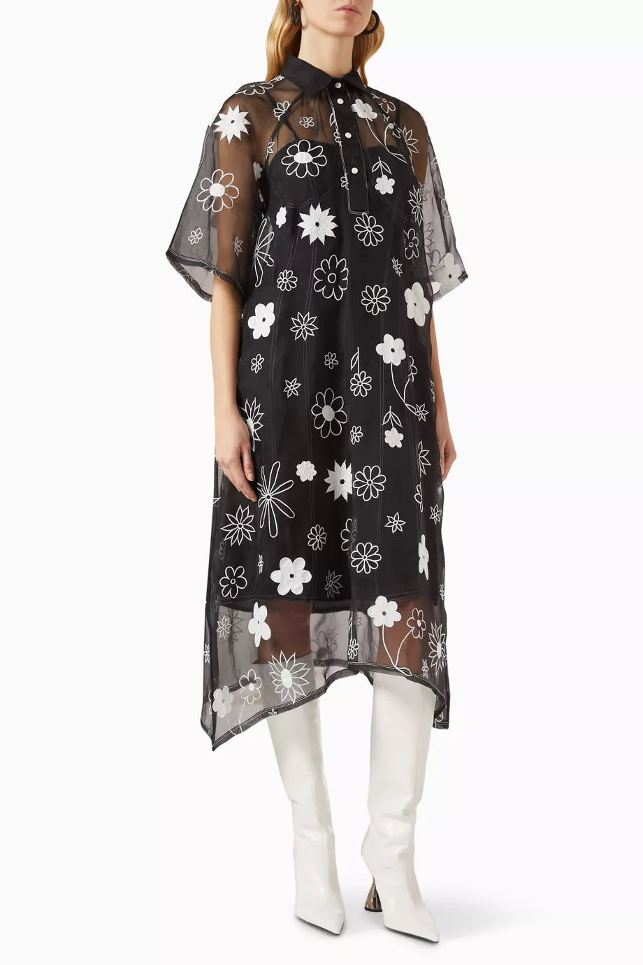 Embroidered Midi Dress in Silk Organza