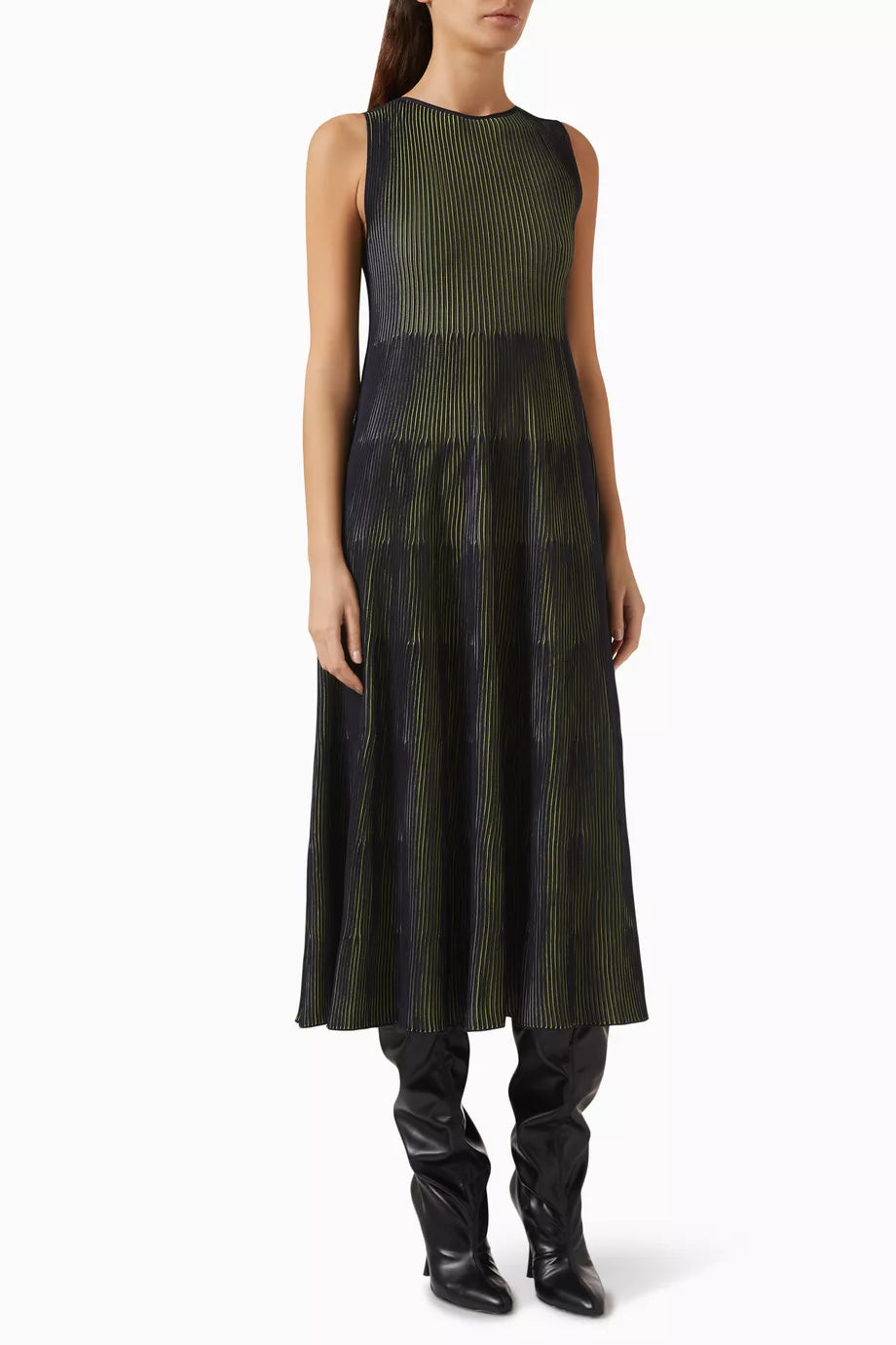 Front Striped Pleated Midi Dress in Knit