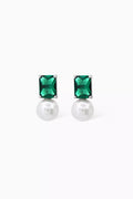 Emerald-cut Crystal & Pearl Drop Earrings in Sterling Silver