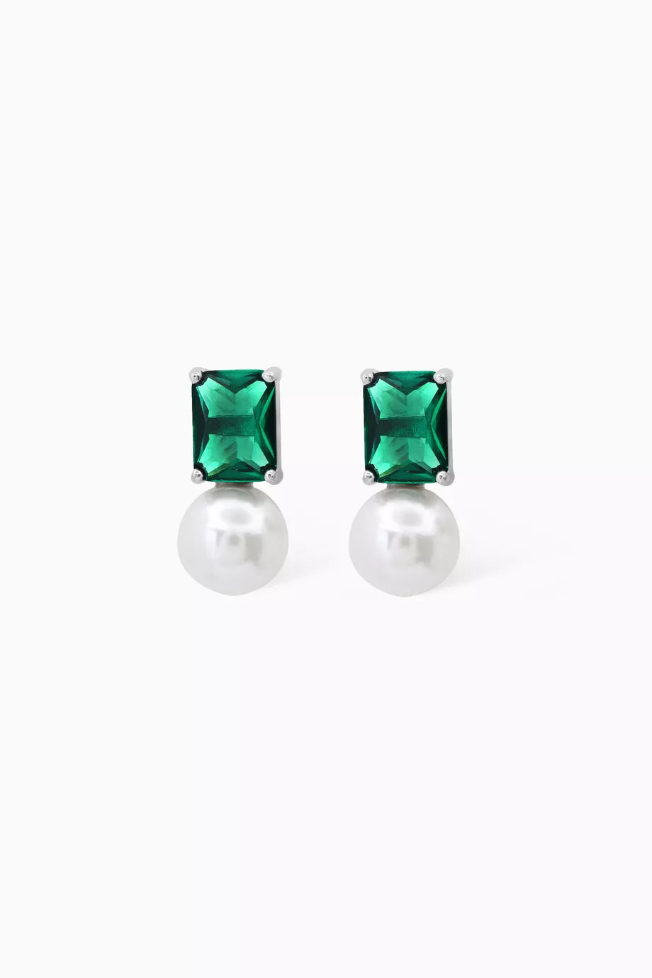 Emerald-cut Crystal & Pearl Drop Earrings in Sterling Silver